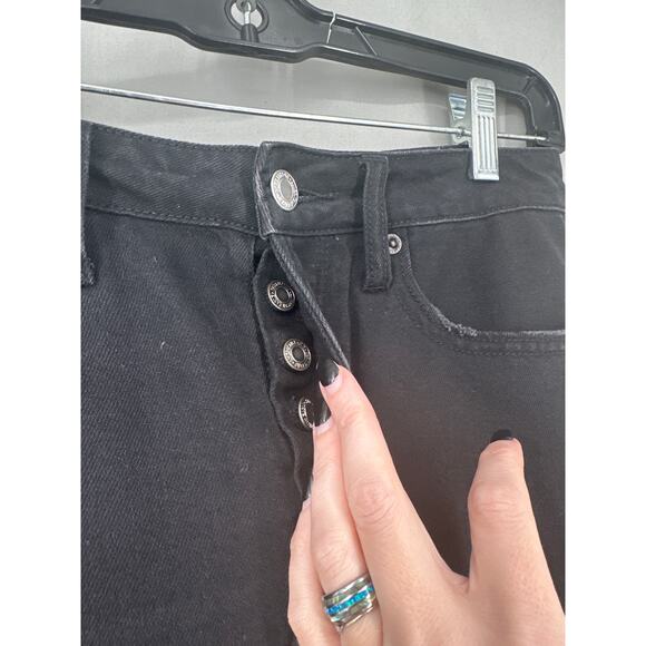 American Eagle Skirt Womens 4 Black Denim Mini Distressed Button Fly Pockets - Picture 6 of 8